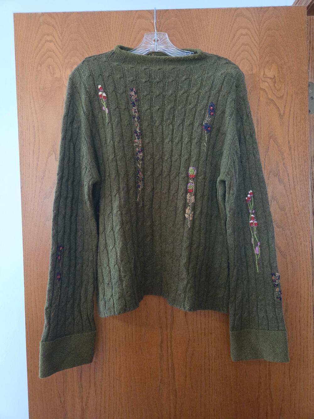 Ivy Ramie Wool Blend Green Sweater Embroidery Floral Dainty Fairy Cottagecore XL